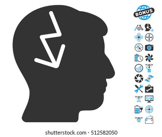 Brain Electric Strike icon with bonus aircopter service graphic icons. Vector illustration style is flat iconic blue and gray symbols on white background.