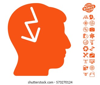 Brain Electric Strike icon with bonus drone service icon set. Vector illustration style is flat iconic symbols on white background.