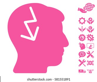 Brain Electric Strike pictograph with bonus options icon set. Vector illustration style is flat iconic pink symbols on white background.