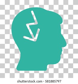 Brain Electric Strike vector pictogram. Illustration style is a flat iconic cyan symbol on a transparent background.