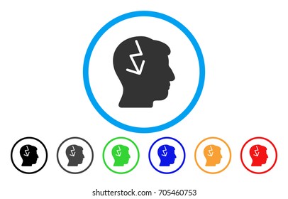 Brain Electric Strike vector rounded icon. Image style is a flat gray icon symbol inside a blue circle. Bonus color variants are gray, black, blue, green, red, orange.