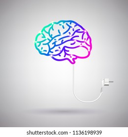 brain with electric wire and plug on a light background