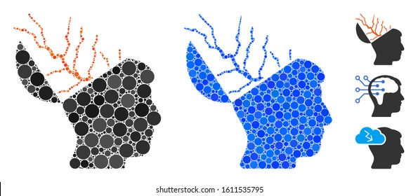 Brain electricity composition of filled circles in variable sizes and color tones, based on brain electricity icon. Vector filled circles are united into blue collage.