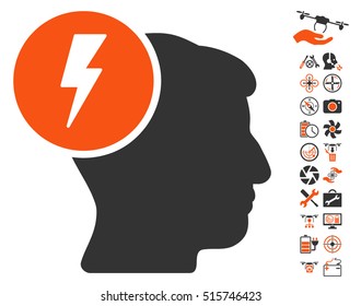 Brain Electricity icon with bonus airdrone tools icon set. Vector illustration style is flat iconic symbols on white background.