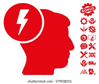 Brain Electricity icon with bonus settings design elements. Vector illustration style is flat iconic red symbols on white background.