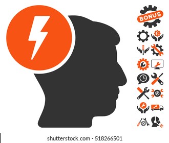 Brain Electricity icon with bonus tools icon set. Vector illustration style is flat iconic orange and gray symbols on white background.