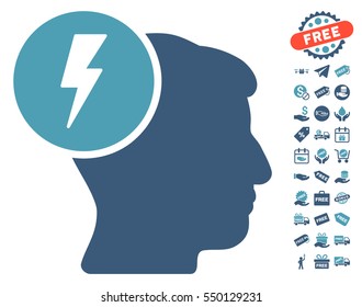 Brain Electricity icon with free bonus symbols. Vector illustration style is flat iconic symbols, cyan and blue colors, white background.