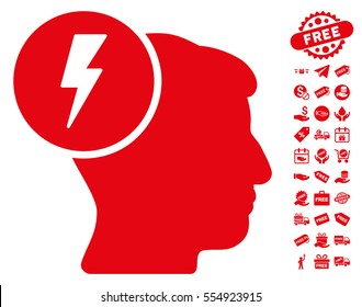 Brain Electricity icon with free bonus pictograph collection. Vector illustration style is flat iconic symbols, red color, white background.