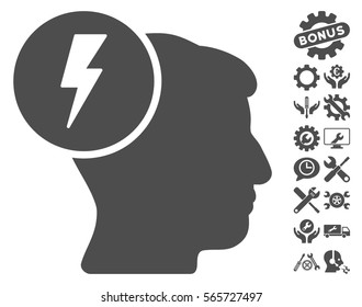 Brain Electricity pictograph with bonus setup tools pictograph collection. Vector illustration style is flat iconic gray symbols on white background.