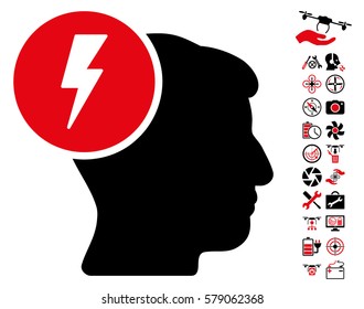 Brain Electricity pictograph with bonus uav service clip art. Vector illustration style is flat iconic intensive red and black symbols on white background.