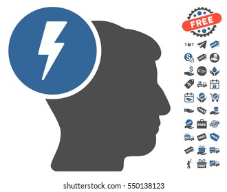 Brain Electricity pictograph with free bonus symbols. Vector illustration style is flat iconic symbols, cobalt and gray colors, white background.
