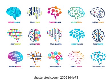 Plantilla de emblema cerebral. Asistente inteligente, cerebro ai y humano, motor neural e iconos vectoriales de mente creativa conjunto de logotipo creativo del cerebro, mente y elemento de lluvia de ideas ilustración