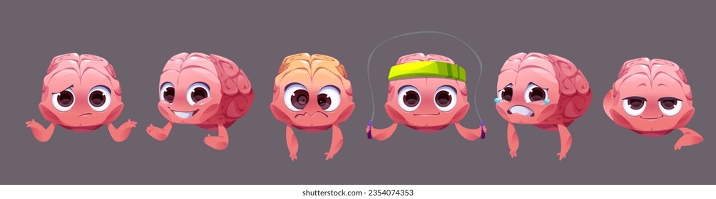 Brain emoticon character cute cartoon vector icon. Memory muscle training workout with happy mascot and jump rope. Isolated knowledge organ face express problem, thumb up, discipline and intellect