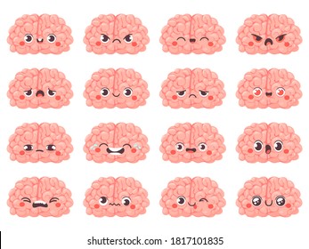 Emoticonos cerebrales. Caracteres de cerebro mate con diferentes expresiones faciales. Feliz y enojado, blanco y triste, creativo conjunto de vectores de avatares. Caras divertidas riéndose y llorando, emoción sorprendida