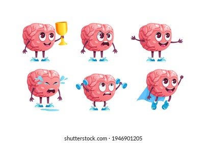 Brain emotion character cartoon set. Сute cartoon mascot suffers from headache, cries, is sad, angry, goes in for sports, wins and receives cup, in superhero costume trying to take off cartoon vector