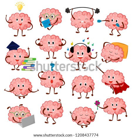 Brain emotion vector cartoon brainy character expression emoticon and intelligence emoji studying illustration brainstorming set of businessman or superman kawaii isolated on white background