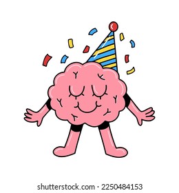 Brain emotion vector cartoon character cute happy face kawaii celebrate birthday cone hat satisfied happy isolated on white background