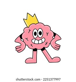 Caricatura del vector de la emoción cerebral cara linda segura de sí misma pose funky king golden corona vip auto estima aislado en fondo blanco
