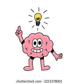 Brain emotion vector cartoon character cute face finger point up genius eureka electric bulb idea clever smart isolated on white background