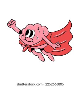 Personaje de dibujos animados de vector de emoción cerebral lindo rostro volador superhéroe vestido con capa roja confianza inspiración aislado en fondo blanco