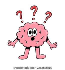 Brain emotion vector cartoon character cute face confused question marks search solution problem gesture isolated on white background