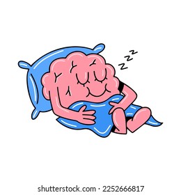 Brain emotion vector cartoon character cute face sleep peacefully closed eyes have rest relax pillow blanket isolated on white background