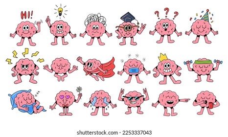 Brain emotion vector cartoon character cute faces set collection human nervous system flat illustration mascot icon design concept mind care