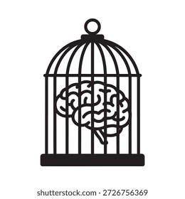 Un cerebro encerrado dentro de una jaula de pájaros que simboliza el confinamiento y la restricción mental