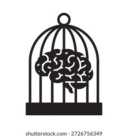 Un cerebro encerrado dentro de una jaula de pájaros que simboliza restricción mental y cautiverio