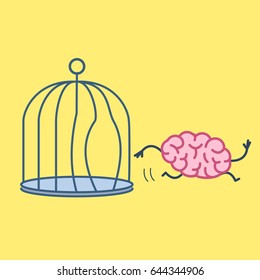 Brain escaping out of the bird cage. Vector concept illustration of enlightenment mind running out of the prison | flat design linear infographic icon on yellow background