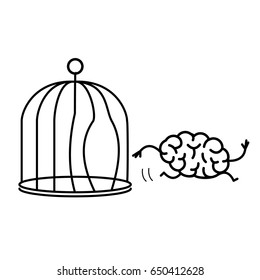 Brain escaping out of the bird cage. Vector concept illustration of enlightenment mind running out of the prison | flat design linear infographic icon black on white background