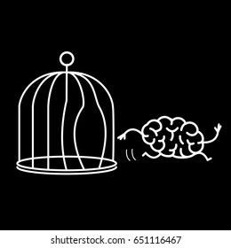 Brain escaping out of the bird cage. Vector concept illustration of enlightenment mind running out of the prison, flat design linear infographic icon white on black background