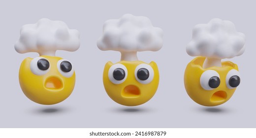 Brain explosion. Confused emoticon has boiling head. Shocked character. Excessive work. Set of vector 3D models in different positions. Funny web design