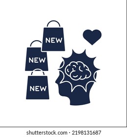 Icono de glifo de explosión cerebral. Nuevos artículos en tiendas. Atraer nuevos clientes a través de nuevas producciones. Lluvia de ideas. Concepto de comportamiento del cliente. Señal plana rellena. Ilustración vectorial de silueta aislada