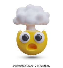 Brain explosion, huge surprise. Yellow 3D smiley with steam coming from his head. Brain boiled. Vector face with open mouth and staring eyes. Funny web design