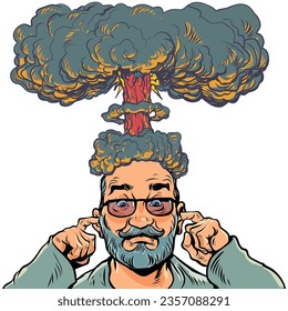 Explosión cerebral. Una carga fuerte sobre los pensamientos de una persona. Un hombre con barba y gafas se cuelga las orejas mientras tiene una explosión en la cabeza. Ilustración de vectores retro de arte pop Kitsch Vintage 50s