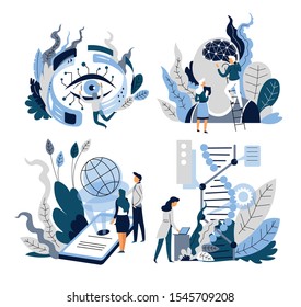 Brain and eye or DNA with digital circuit and programmers with laptop, isolated icons vector. Machine learning, artificial intelligence, web programming. Internet technologies, engineering and network