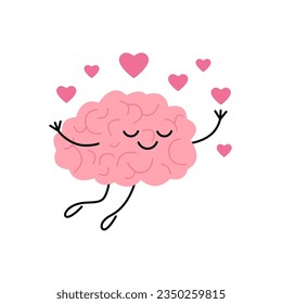 Brain fall in love, fly with hearts, cute character. Romantic state, imagination, relax. Love yourself. Vector illustration