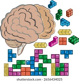 Brain with Falling Tetris Blocks – 3D Puzzle Concept