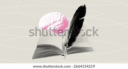 Brain and feather quill on open book abstract collage
