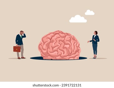 Brain fell into a pit. Burnout or no inspiration.  Flat vector illustration