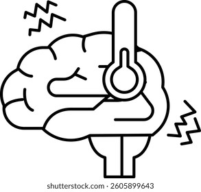 A brain with a fever is shown with a thermometer on it