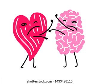 Brain fighting heart. Vector illustration with simple flat trendy colors.