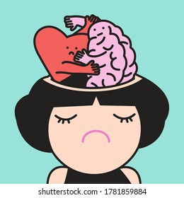 A Brain Fights A Heart In Head Of An Unhappy Girl Concept Card Character illustration