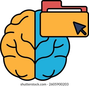 A brain with a file folder on top of it. The brain is split into two halves, one blue and one yellow. The file folder is orange and red