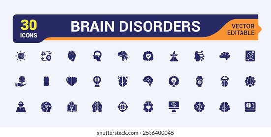 Coleção de ícones com preenchimento cerebral. Contendo pensamento, saúde mental, mental, mente, humano e muito mais. Ícones preenchidos mínimos. Ilustração vetorial editável.