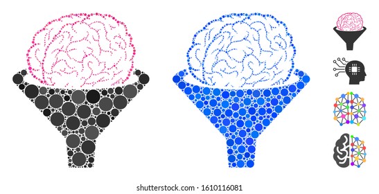 Brain filter composition of filled circles in various sizes and color tints, based on brain filter icon. Vector random circles are organized into blue composition.