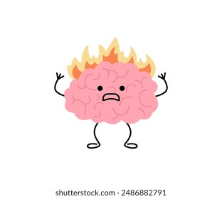 Brain with fire, burnout on stress, cute child character. Intense brain activity from overwork, tension, multitasking. Vector illustration
