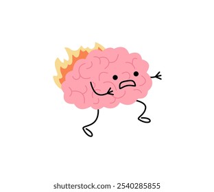 Brain with fire, burnout on stress, cute child character run. Intense brain activity from overwork, tension, multitasking. Vector illustration