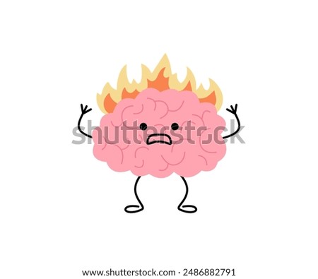 Brain with fire, burnout on stress, cute child character. Intense brain activity from overwork, tension, multitasking. Vector illustration